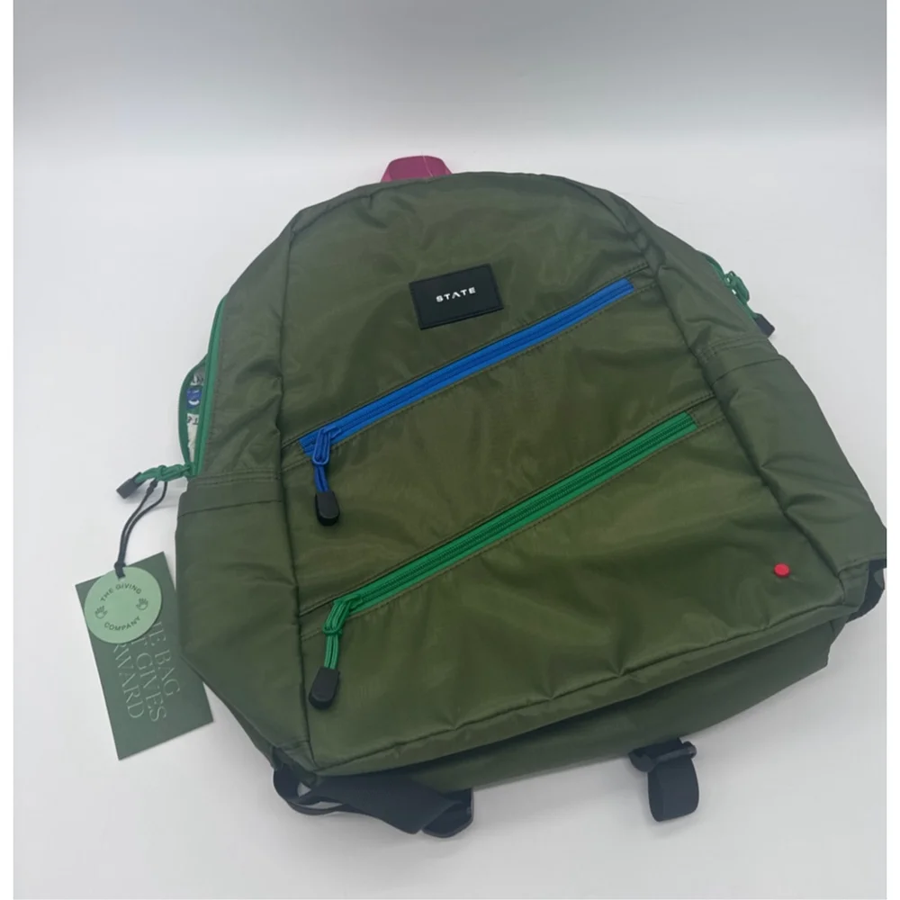 STATE Ripstop Kane Kid’s Double Pocket Large Olive Diagonal Zipper Backpack NWT